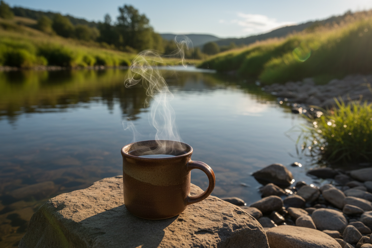 a cup of coffee steaming hot by a quiet river
